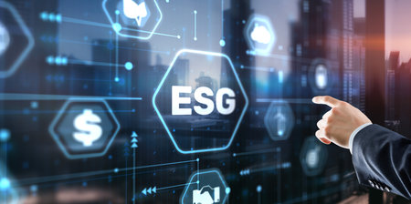 Businessman clicks ESG Environmental Social Governance and investment.の写真素材