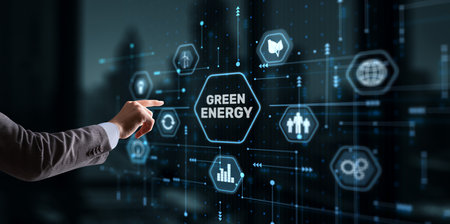 Businessman clicks Green eco energy icons. Reducing environmental risks.の写真素材