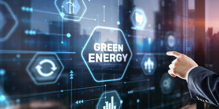 Businessman clicks Green eco energy icons. Reducing environmental risksの写真素材
