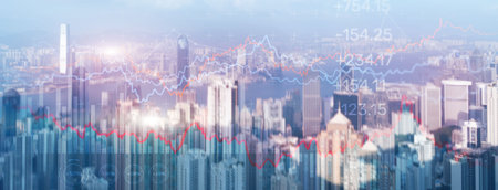 Double exposure Financial graphs and diagrams. Business, economics and investment concept on modern city backgroundの写真素材