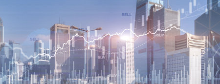 Trading Finance buy and sell concept on futuristic modern city wallpaperの写真素材