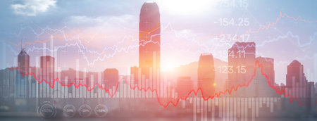 Double exposure Financial graphs and diagrams. Business, economics and investment concept on modern city backgroundの写真素材