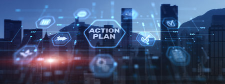 Action plan on city background. Algorithm and strategy development businessの写真素材
