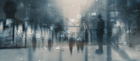 Diagrams and icons on hologram screen. Background with silhouettesの写真素材