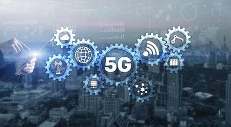 5G Fives generation High-speed internet connection telecommunication concept. Mixed mediaの写真素材