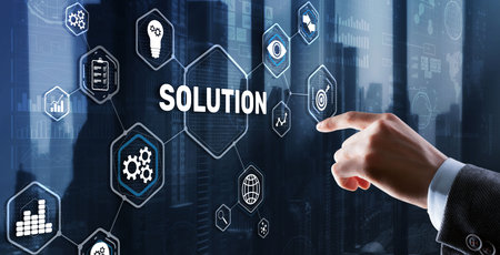 Solution. Businessman pressing on touch screen interface inscription Solutions. Business concept. Internet conceptの写真素材