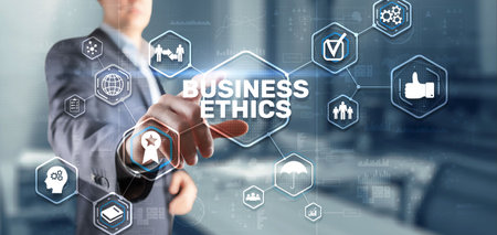 Business ethics Behavior and manners concept. Businessman pressing button on virtual screenの写真素材
