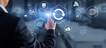 Businessman pressing button on touch screen interface select Update. Iconの写真素材
