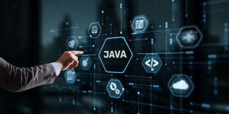 Businessman clicks Java programming language application concept on virtual screenの写真素材