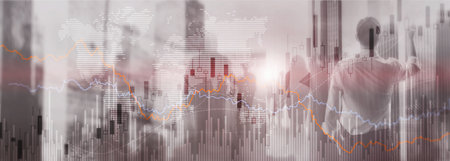 Silhouettes of people on the background of financial graphs and chartsの写真素材