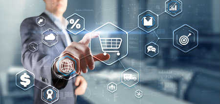 Man clicks icon E-Commerce icon. Technology Internet conceptの写真素材