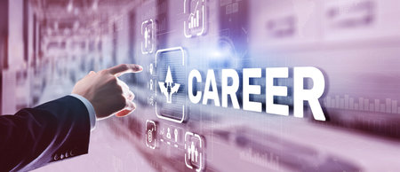 Career Inscription and people icons on virtual screen. Businessman pressing Careerの写真素材
