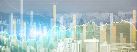 Data analysis. Financial data on a monitor as Finance data concept. Analytics 2023 on city backgroundの写真素材