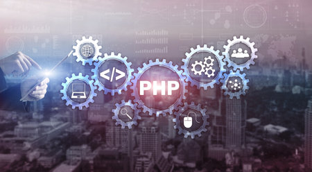 PHP coding Concept. Programmer search. Technology Backgroundの写真素材