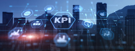 Key Performance Indicator KPI using Business Intelligence BI on city backgroundの写真素材