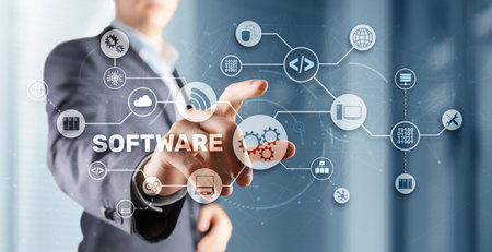 SOFTWARE inscription on the virtual screen. It Technology conceptの写真素材