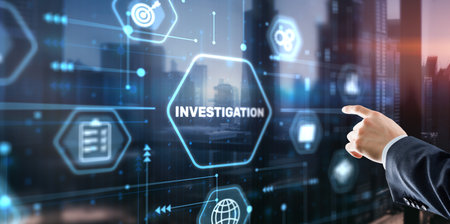 Investigation Business concept. Man presses investigations button on a virtual screenの写真素材