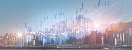 Smart city and stats concept with growing digital graphs and diagram on city backgroundの写真素材