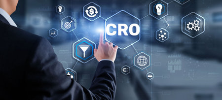 Conversion Rate Optimization. CRO Technology Finance concept Businessman pressing on a virtual screenの写真素材
