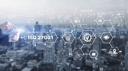 ISO 27001. International information security standard. Concept of ISO standards quality control warrantyの写真素材