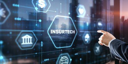 Businessman clicks icon Insurance, health family car money travel Insurtech conceptの写真素材