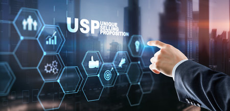 USP. Inscription Unique selling proposition on Virtual Screen. Marketing and technology conceptの写真素材