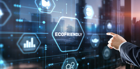Businessman clicks Eco friendly. Earth energy conceptの写真素材