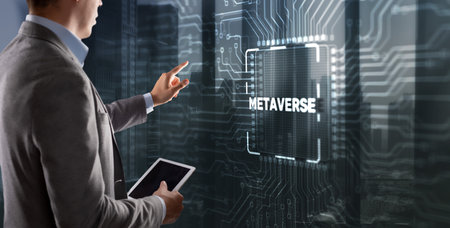 Clicking on the virtual screen: metaverse on processor icon. Global Internet connection metaverseの写真素材