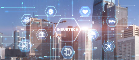 Insurance, health family car money travel Insurtech concept on modern city backgroundの写真素材