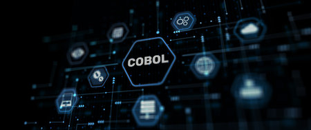 Cobol. Abstract background. Common Business Oriented Language. Computer programming language designed for business use.の写真素材