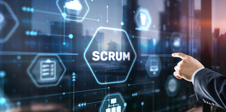 Businessman presses a button Scrum process software development outline conceptの写真素材