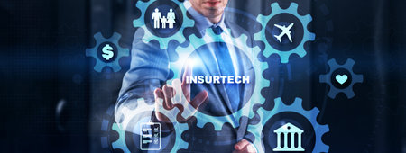 Technology icons and INSURTECH inscription, web technology concept 2023の写真素材