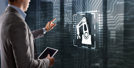 Man clicking on a virtual screen: Automation Software Innovation technology. Business process optimisation conceptの写真素材