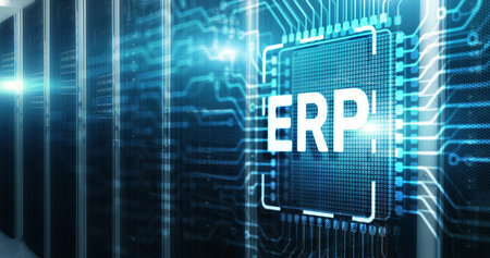 Enterprise Resource Planning ERP Corporate concept. Inscription on 3d Electronic Circuit Board Chipの写真素材