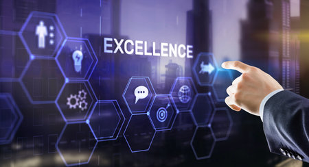 Excellence Concept. Quality Service. Businessman pressing Excellence virtual screenの写真素材
