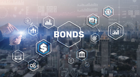 Businessman clicks a bonds virtual screen. Bond Finance Banking Technology concept. Trade Market Networkの写真素材