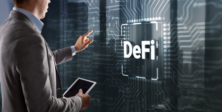 DeFi Decentralized Finance. Technology blockchain cryptocurrency concept. Businessman clicking on virtual screenの写真素材