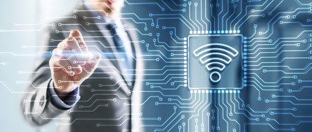 Man clicks on the logo Wireless internet connection communication mobile technology conceptの写真素材