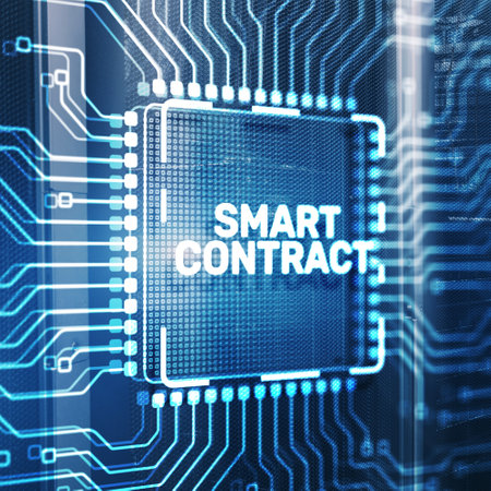 Inscription Smart contract, blockchain in modern business technology on Electronic Circuit Board Chip CPUの写真素材