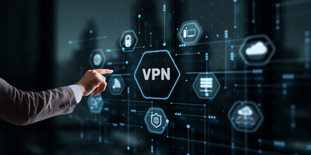 Businessman presses a button VPN. Betwork security internet privacy encryption conceptの写真素材
