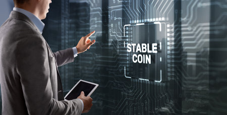 Man clicks on the inscription: Stable Coin. Stablecoins Cryptocurrencies Stable Market Price Value Coin Currencyの写真素材