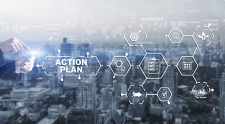 Action Plan Business Technology Strategy concept on virtual screen. Time managementの写真素材