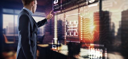 Businessman touching global network icon. Network conceptの写真素材