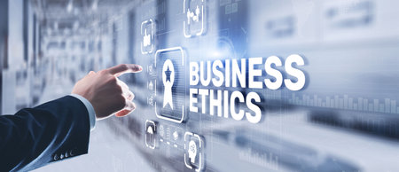 Business ethics Behavior and manners concept. Businessman pressing button on virtual screenの写真素材