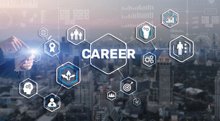 Career Inscription and people icons on virtual screen. Businessman pressing Careerの写真素材