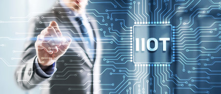 IOT Internet of things. Tapping on the inscription. Smart city and communication network telecommunicationの写真素材