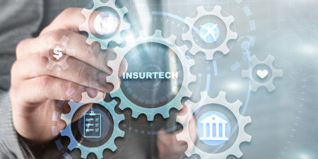 Technology icons and INSURTECH inscription, web technology concept 2023の写真素材