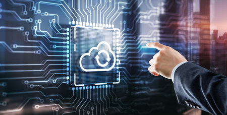 Cloud computing concept. Businessman clicking on virtual screen. Connect to cloud. Cloud computing...