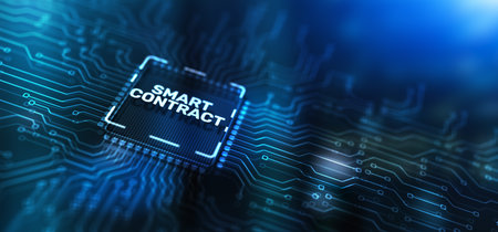 Smart contract, blockchain in modern business technology on server backgroundの写真素材