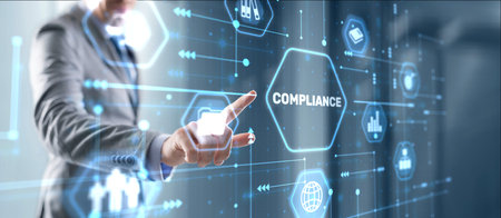 Businessman clicks Compliance Rules Law Business Technology conceptの写真素材